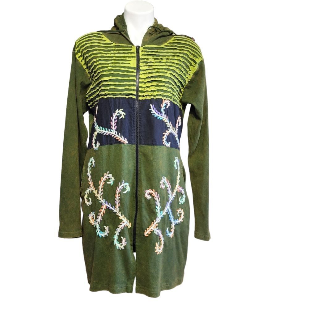Karma Circle Sweater Xl Green Patchwork Long Hood… - image 1